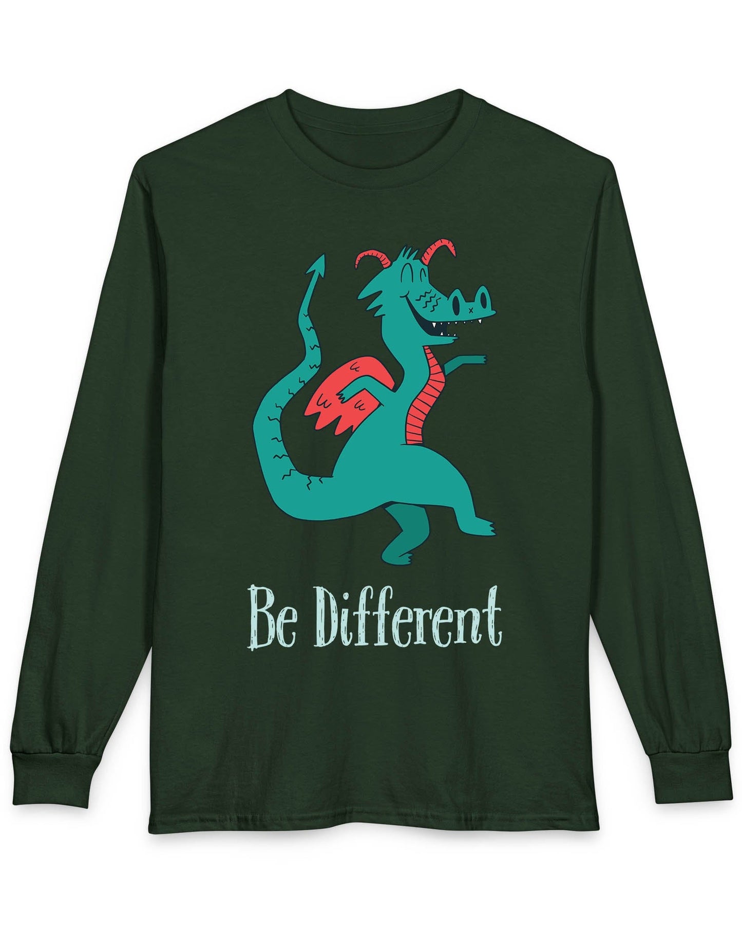 Be Different shirt in forest green featuring a quirky teal dragon with red wings dancing joyfully with text underneath.