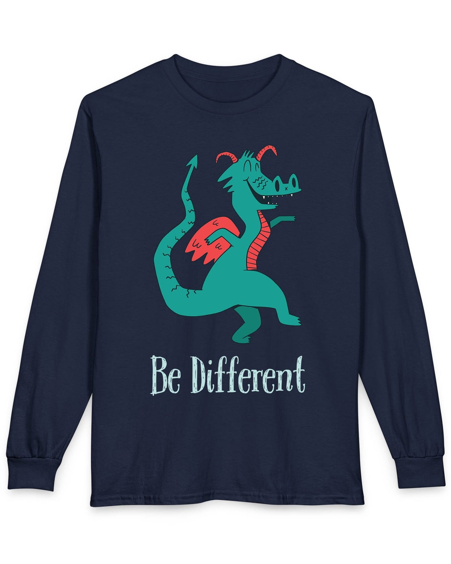Be Different shirt in navy featuring a quirky teal dragon with red wings dancing joyfully with text underneath.
