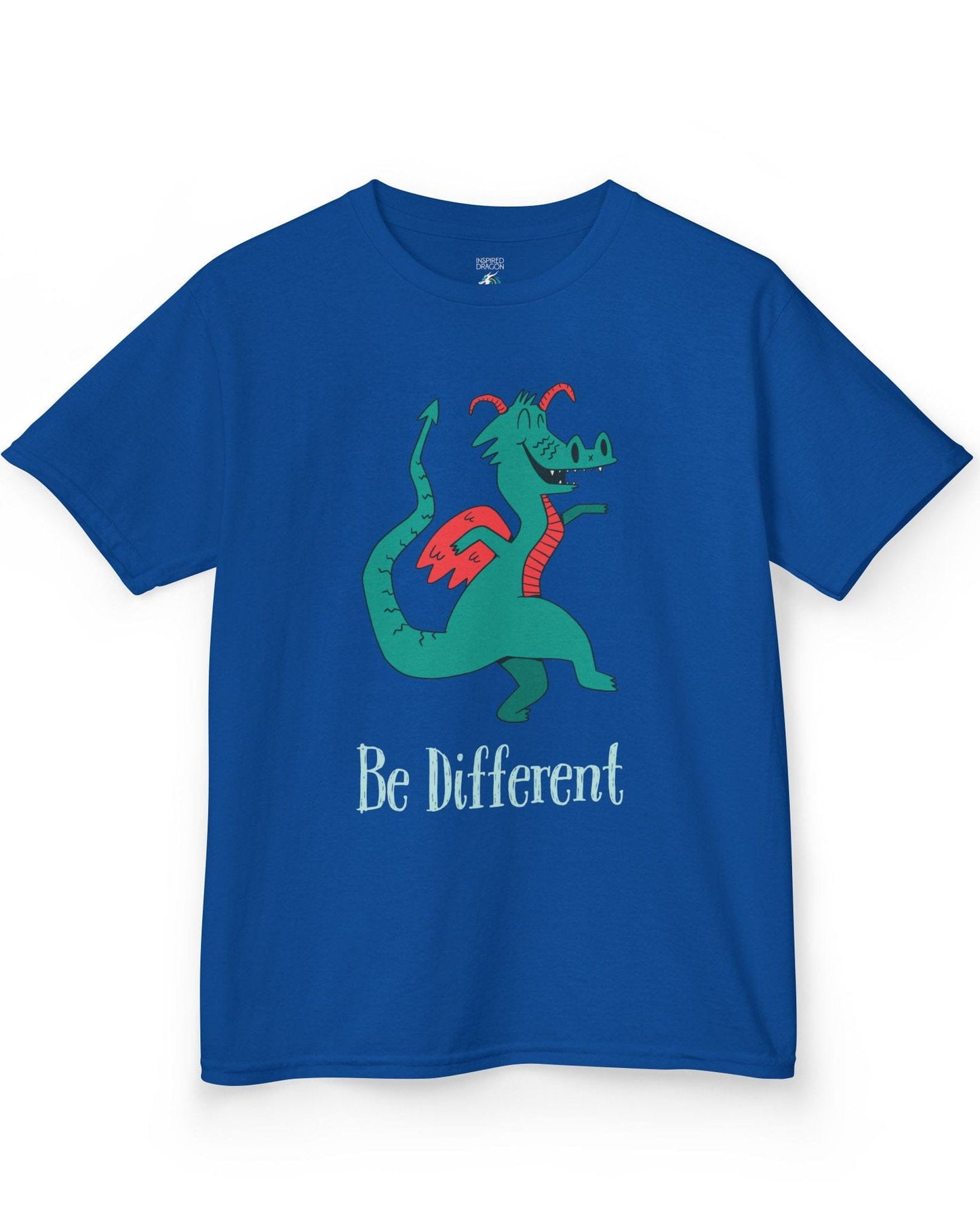 Be Different shirt in royal blue featuring a quirky teal dragon with red wings dancing joyfully with text underneath.