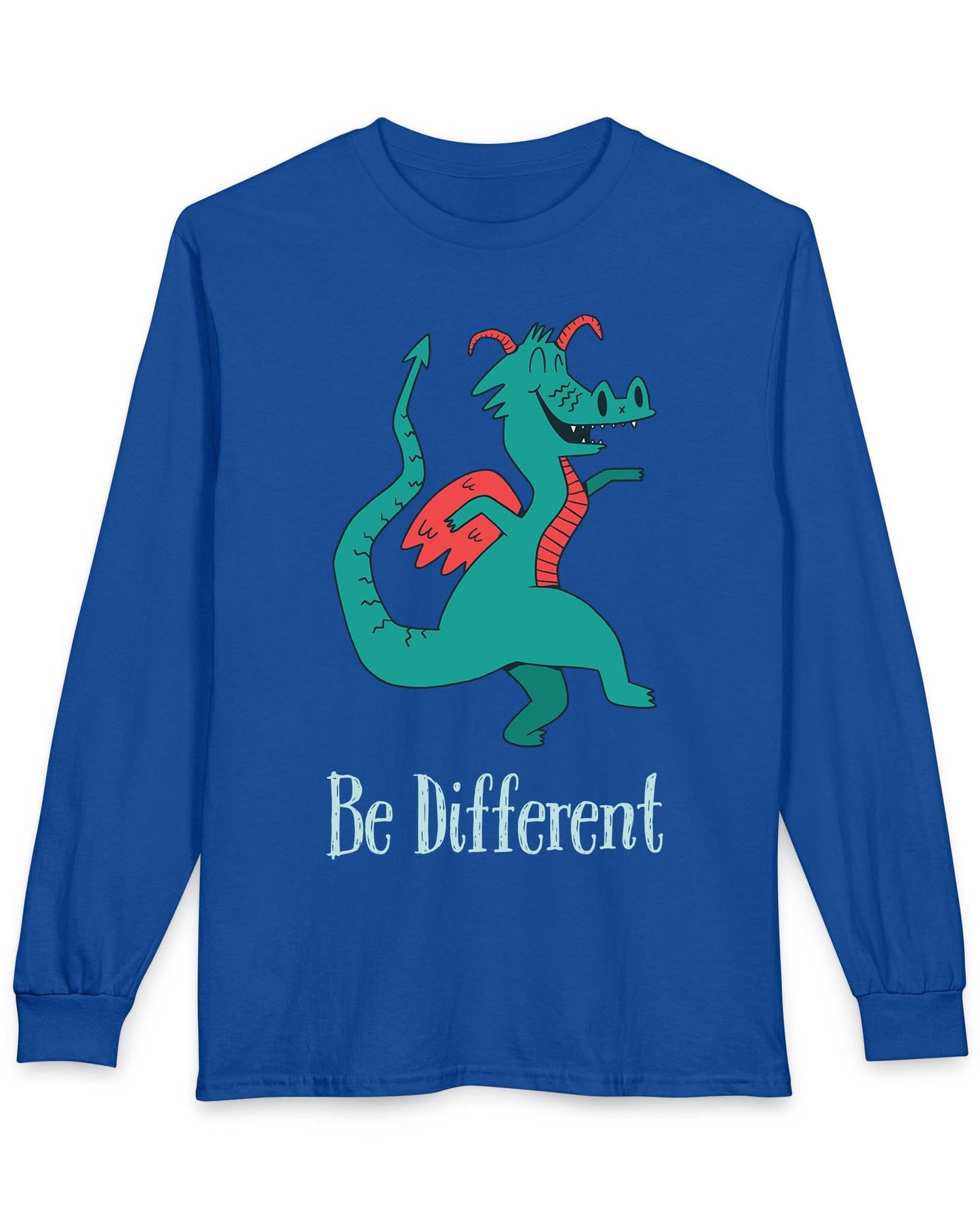 Be Different shirt in royal blue featuring a quirky teal dragon with red wings dancing joyfully with text underneath.