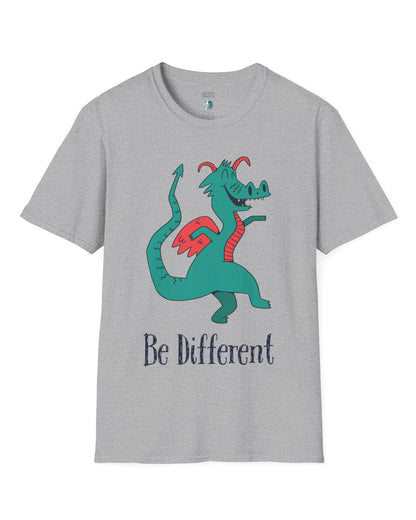 Be Different shirt in sport grey featuring a quirky teal dragon with red wings dancing joyfully with text underneath.

