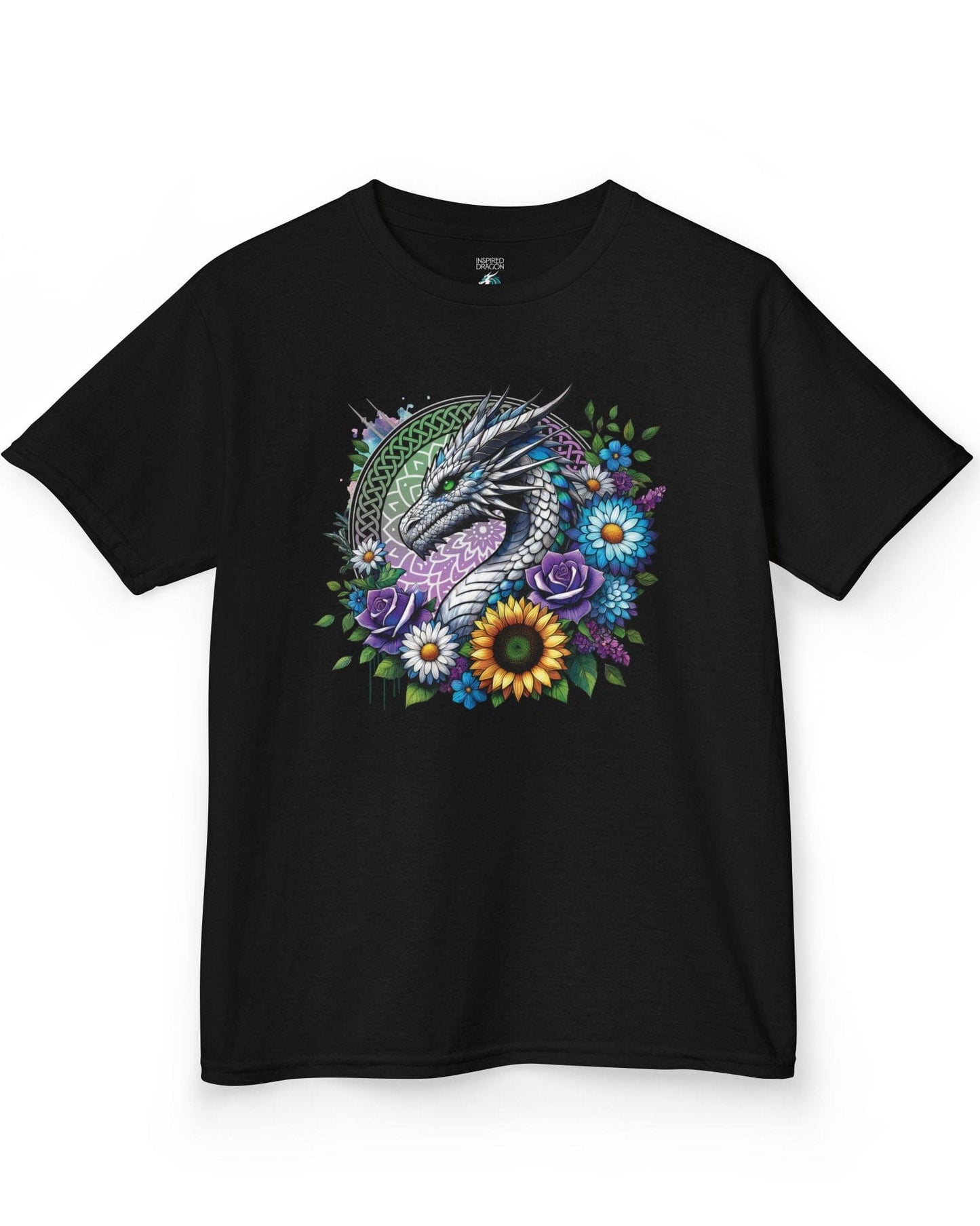 Verdant Serenity shirt in black, featuring a silver dragon surrounded by vibrant flowers and a mandala backdrop.