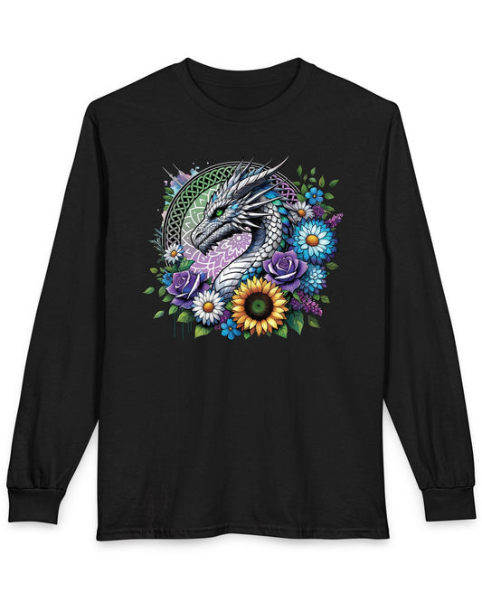 Verdant Serenity shirt in black featuring a silver dragon surrounded by vibrant flowers and a mandala backdrop