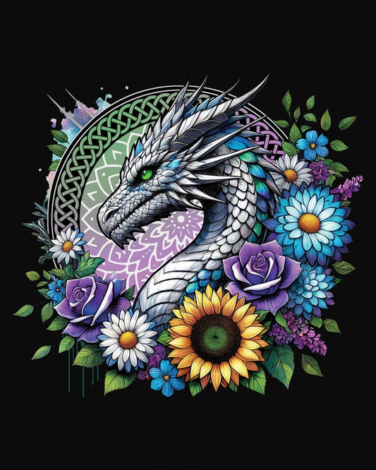 Verdant Serenity shirt in black, featuring a silver dragon surrounded by vibrant flowers and a mandala backdrop.