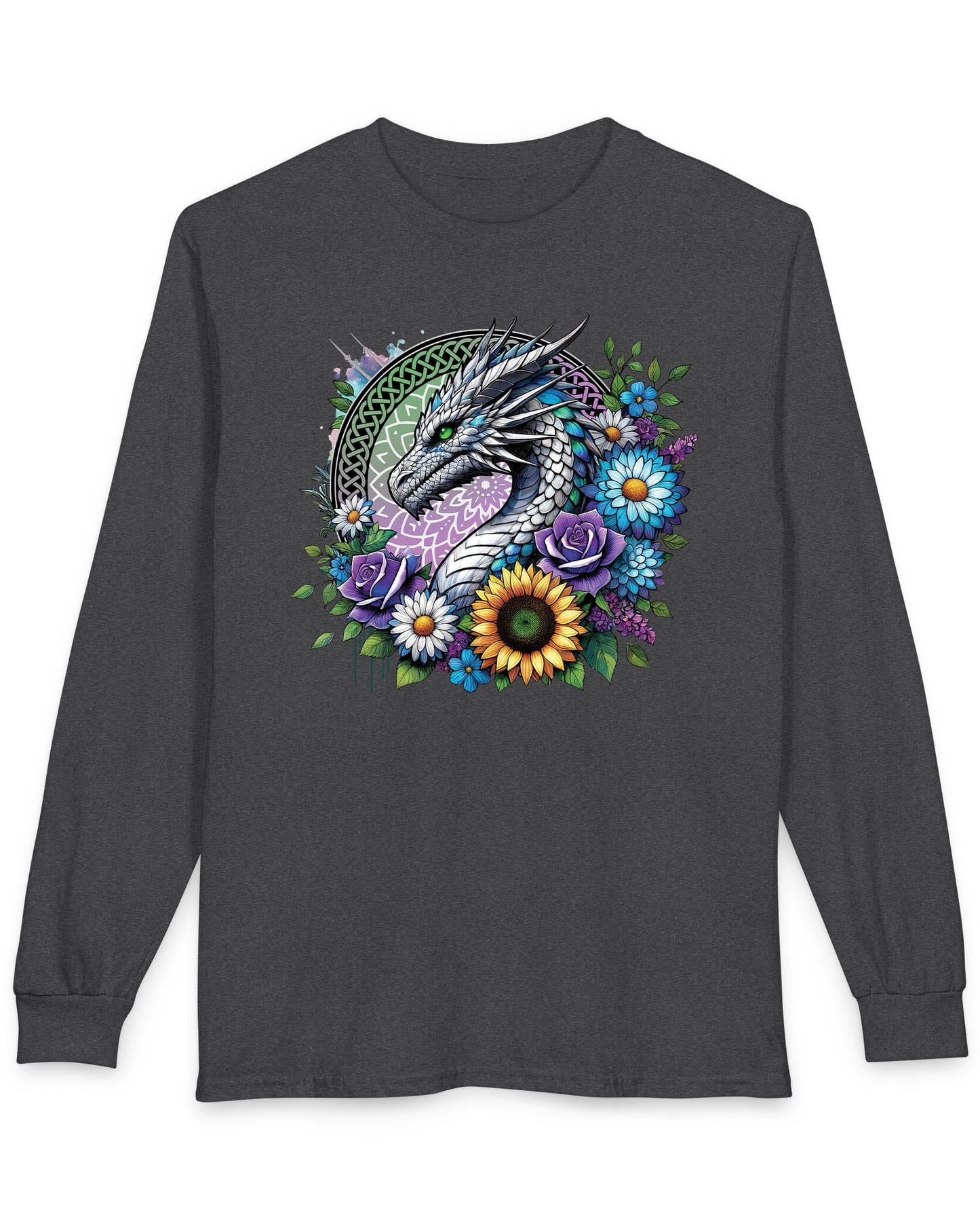Verdant Serenity shirt in dark heather featuring a silver dragon surrounded by vibrant flowers and a mandala backdrop