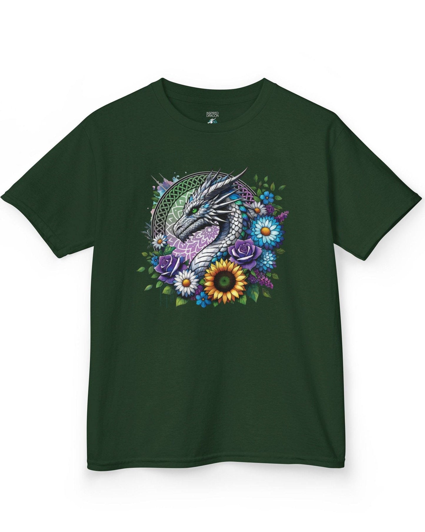 Verdant Serenity shirt in forest green, featuring a silver dragon surrounded by vibrant flowers and a mandala backdrop.