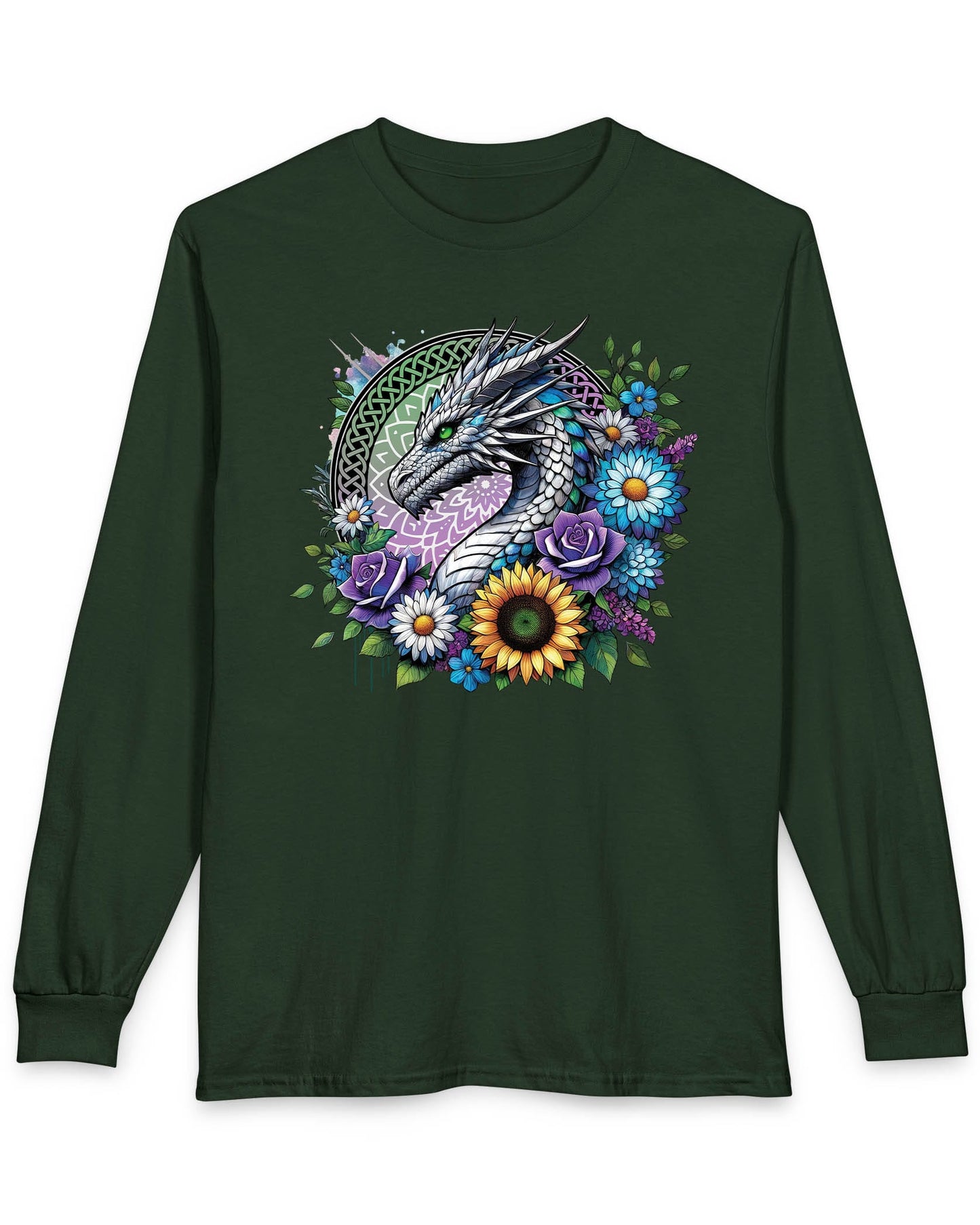 Verdant Serenity shirt in forest green featuring a silver dragon surrounded by vibrant flowers and a mandala backdrop