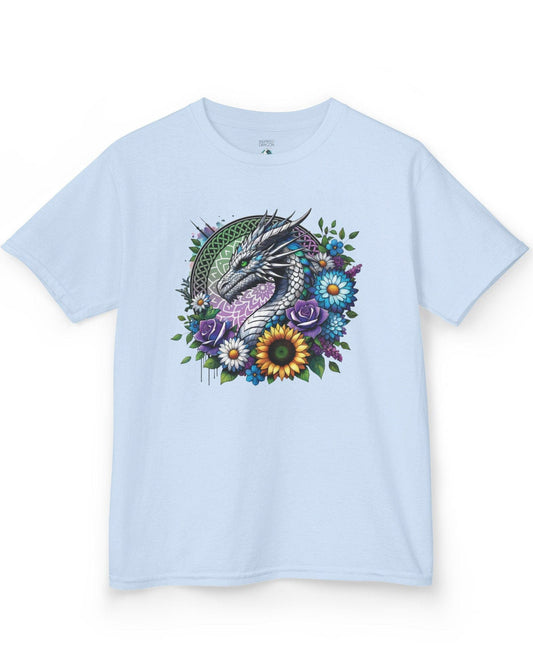 Verdant Serenity shirt in light blue, featuring a silver dragon surrounded by vibrant flowers and a mandala backdrop.