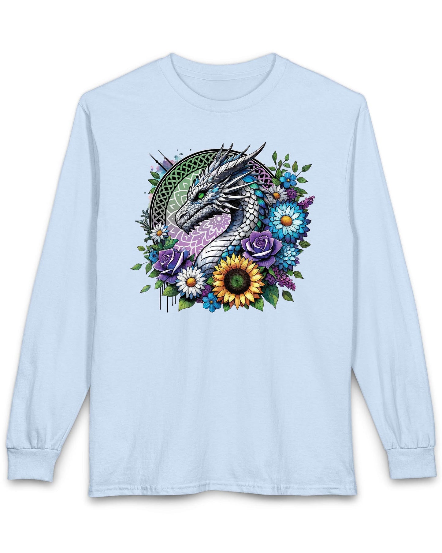 Verdant Serenity shirt in light blue featuring a silver dragon surrounded by vibrant flowers and a mandala backdrop
