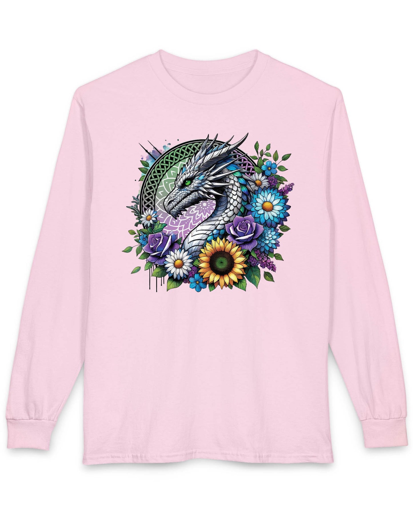 Verdant Serenity shirt in light pink featuring a silver dragon surrounded by vibrant flowers and a mandala backdrop