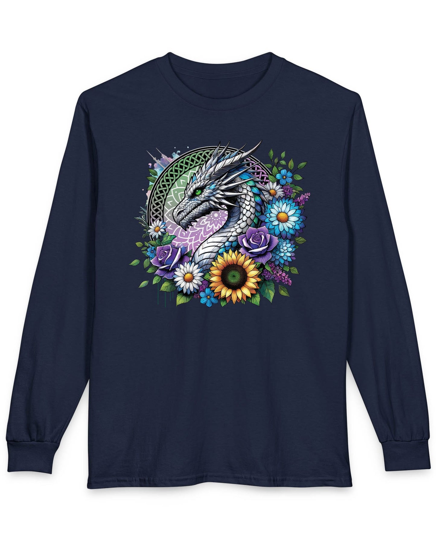 Verdant Serenity shirt in navy featuring a silver dragon surrounded by vibrant flowers and a mandala backdrop