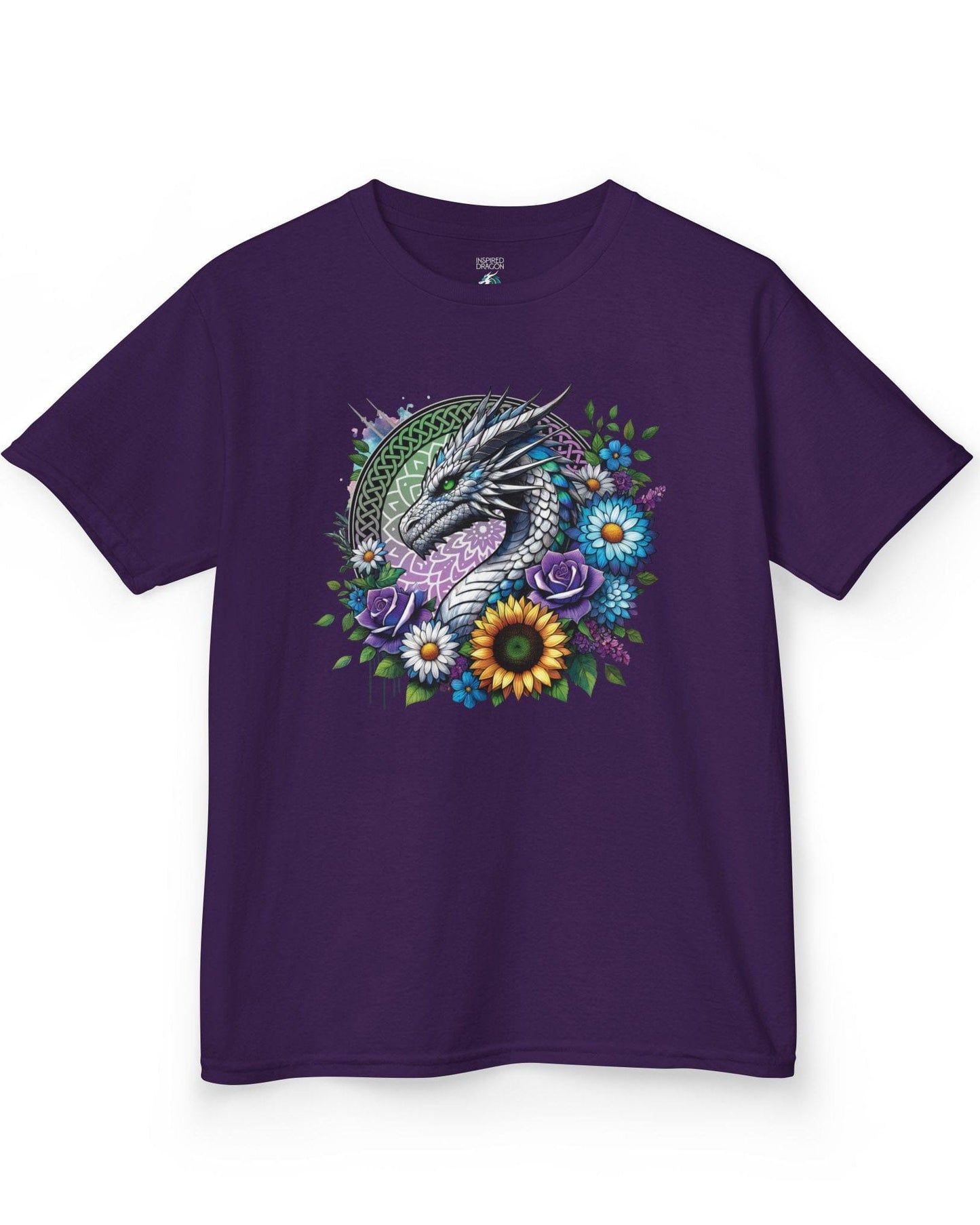 Verdant Serenity shirt in purple, featuring a silver dragon surrounded by vibrant flowers and a mandala backdrop.