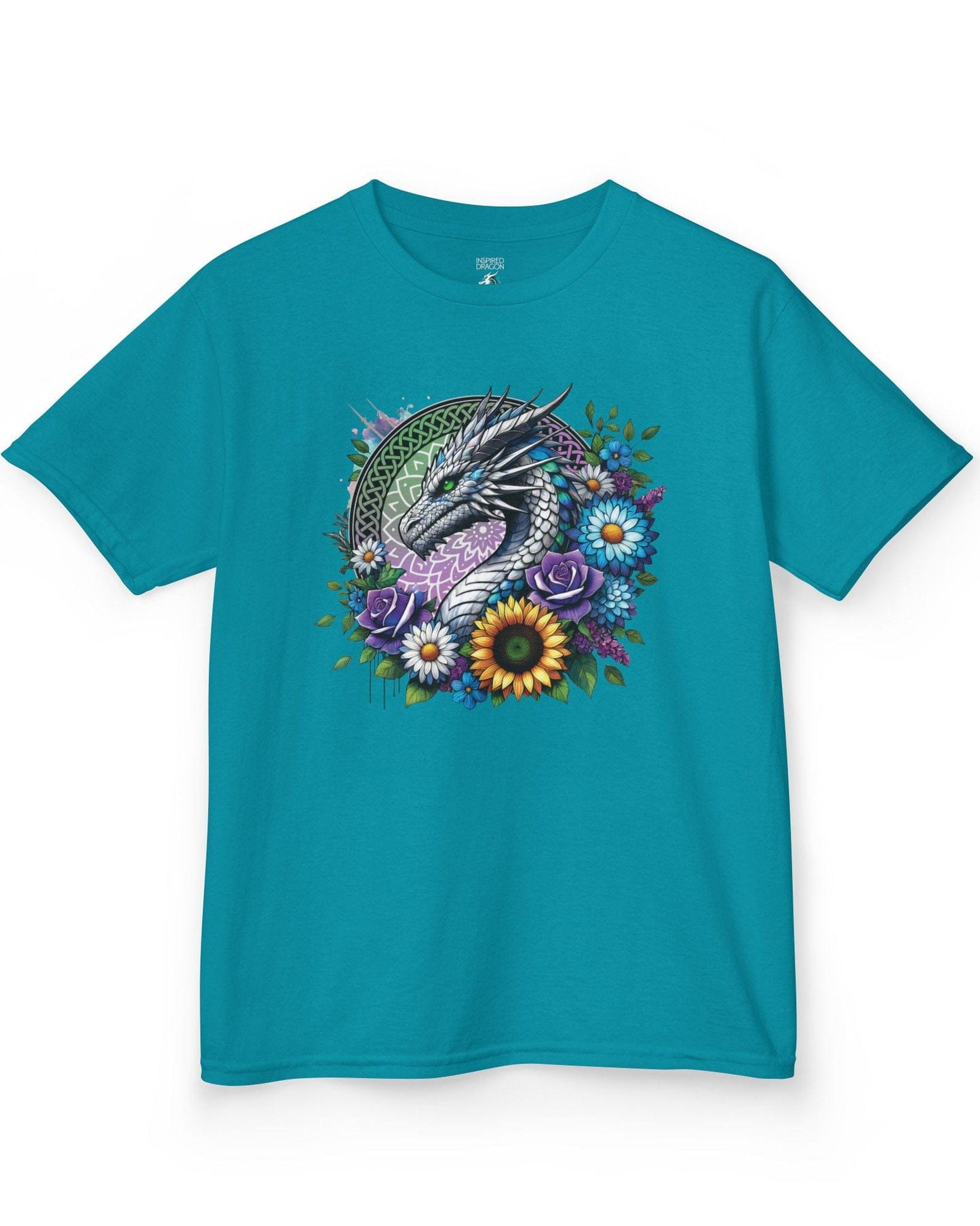 Verdant Serenity shirt in tropical blue, featuring a silver dragon surrounded by vibrant flowers and a mandala backdrop.
