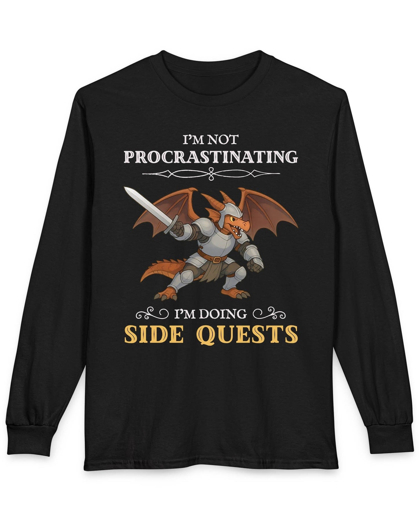 I'm Not Procrastinating, I’m Doing Side Quests shirt in black featuring an armored dragon wielding a sword.