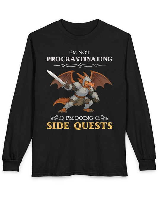 I'm Not Procrastinating, I’m Doing Side Quests shirt in black featuring an armored dragon wielding a sword.