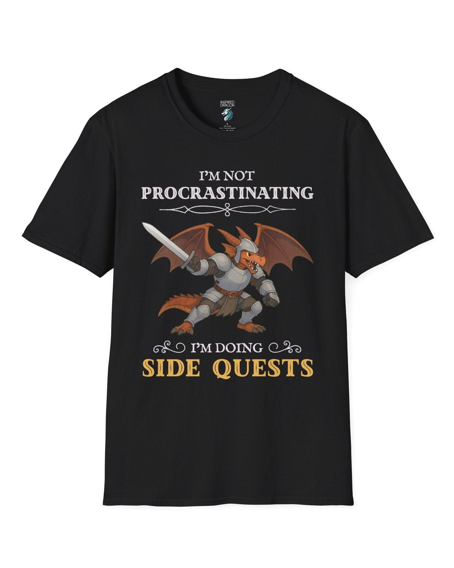 I'm Not Procrastinating, I’m Doing Side Quests shirt in black featuring an armored dragon wielding a sword.

