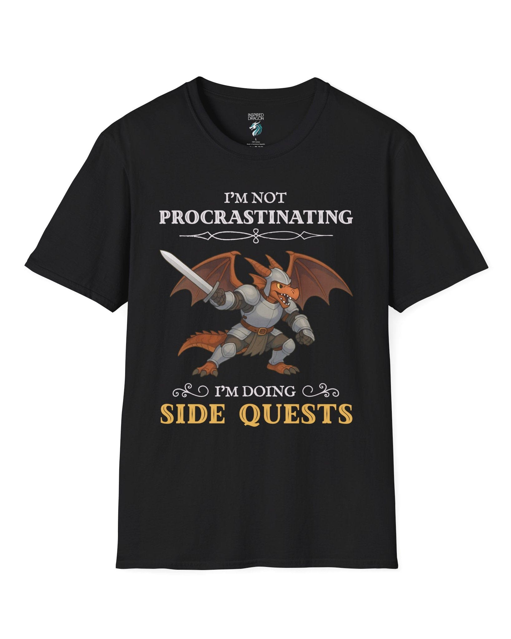 I'm Not Procrastinating, I’m Doing Side Quests shirt in black featuring an armored dragon wielding a sword.
