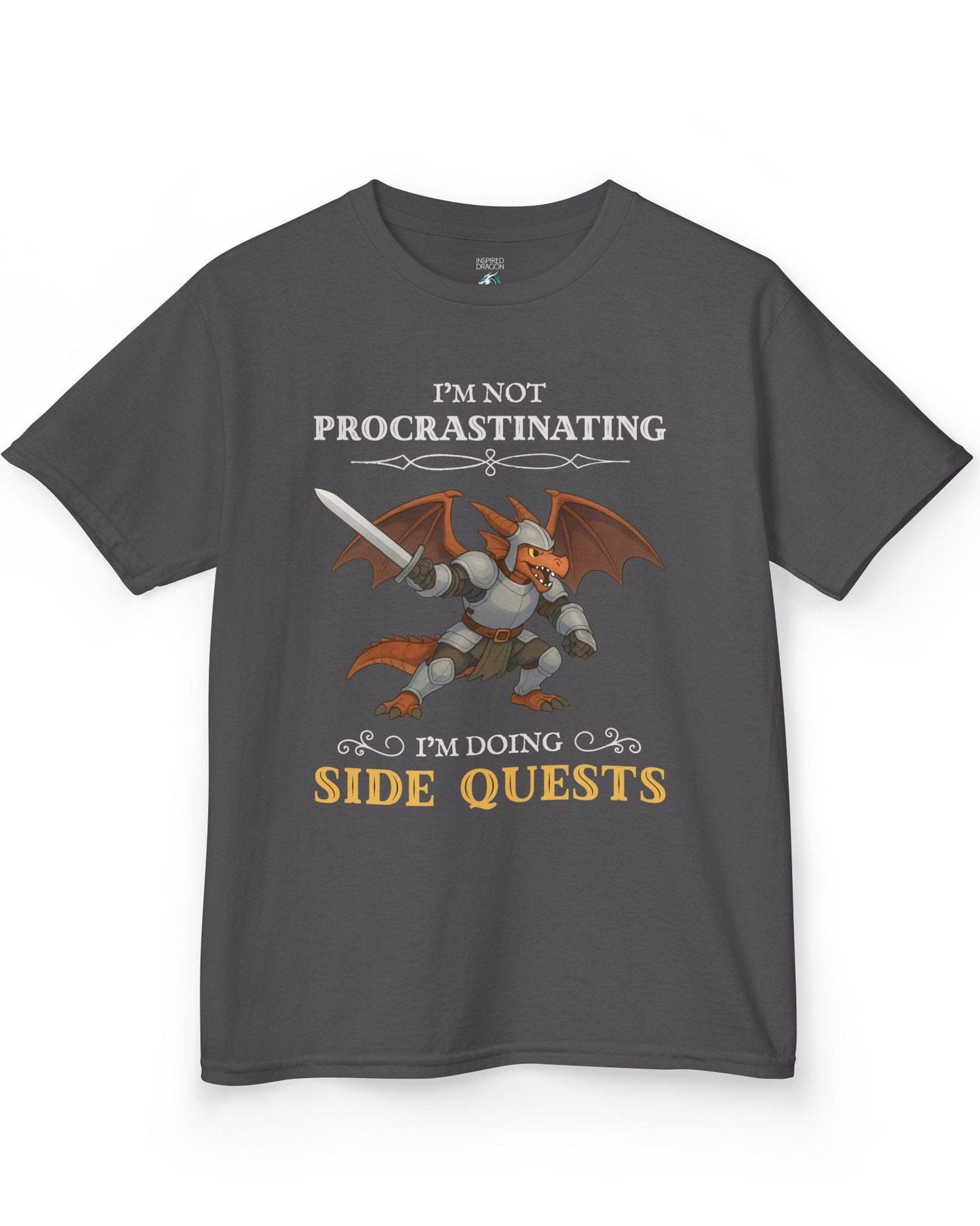 I'm Not Procrastinating, I’m Doing Side Quests shirt in charcoal featuring an armored dragon wielding a sword.