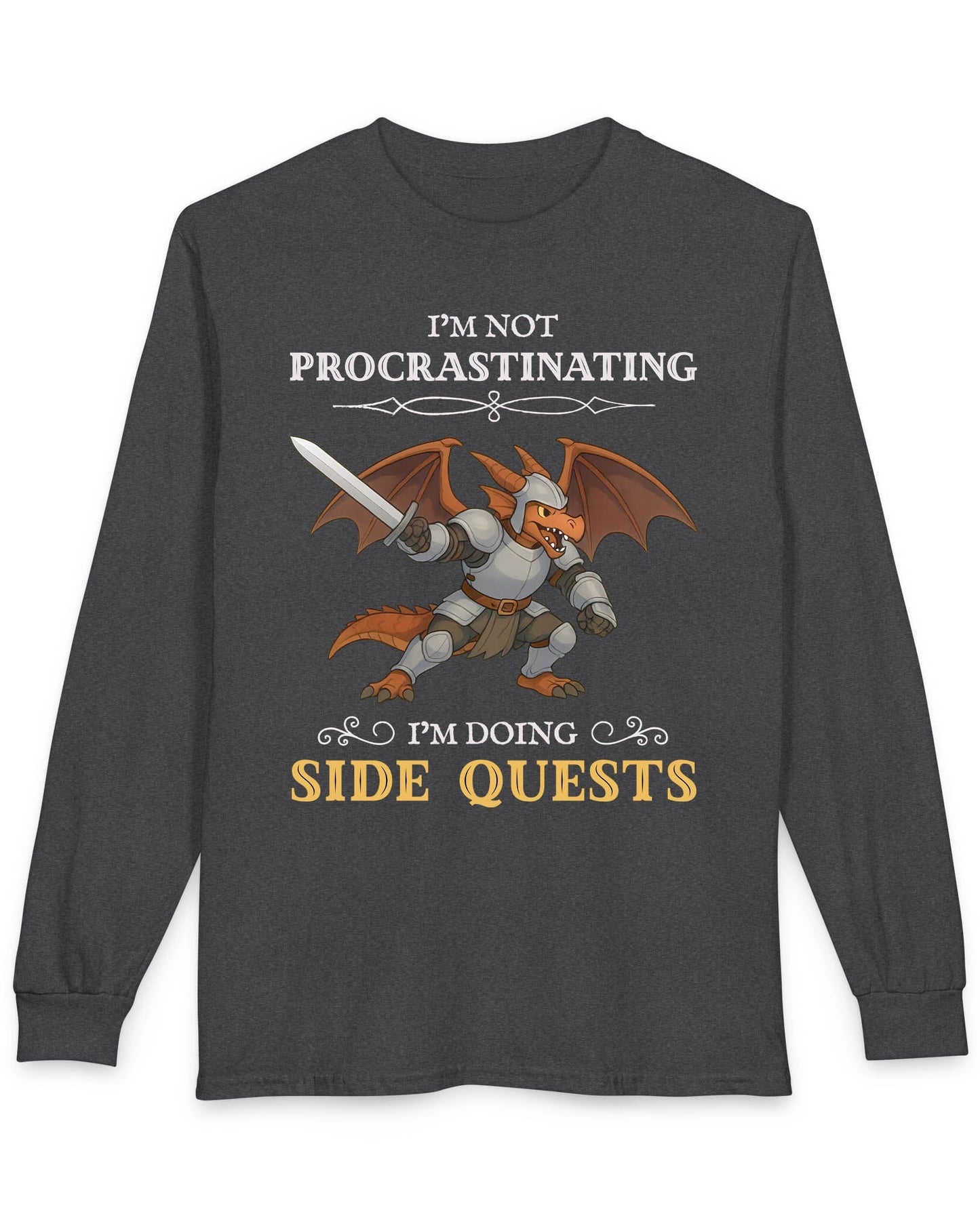 I'm Not Procrastinating, I’m Doing Side Quests shirt in dark heather grey featuring an armored dragon wielding a sword.