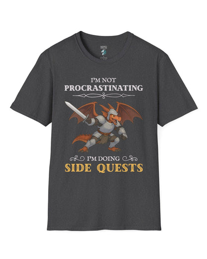 I'm Not Procrastinating, I’m Doing Side Quests shirt in dark heather grey featuring an armored dragon wielding a sword.
