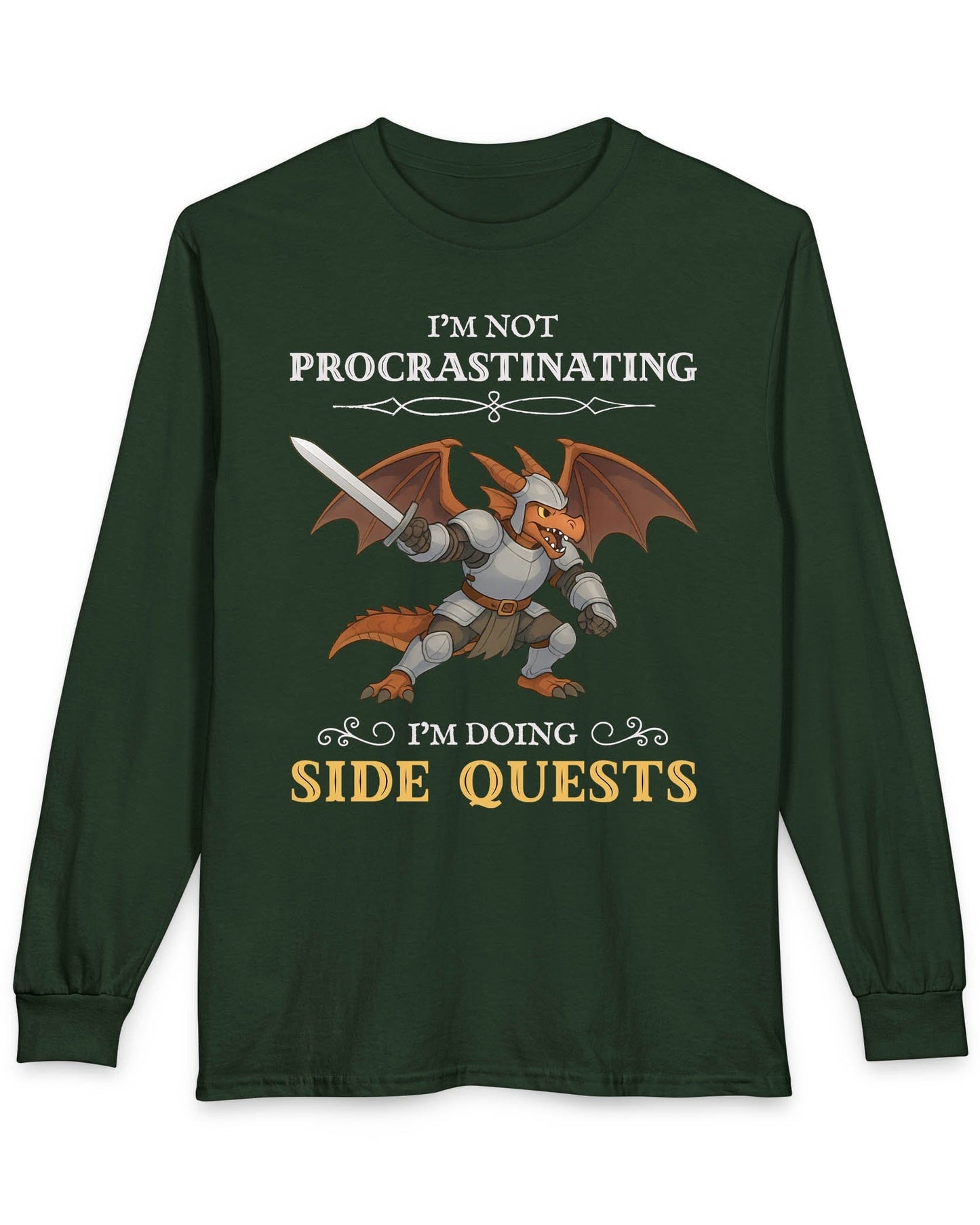I'm Not Procrastinating, I’m Doing Side Quests shirt in forest green featuring an armored dragon wielding a sword.