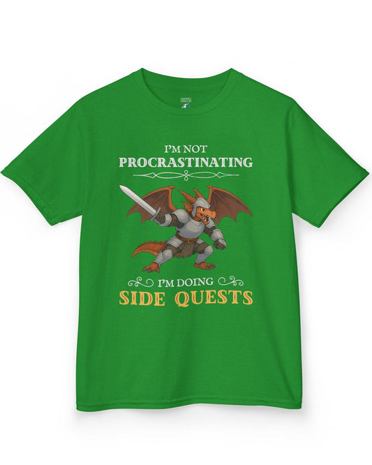 I'm Not Procrastinating, I’m Doing Side Quests shirt in Irish green featuring an armored dragon wielding a sword.