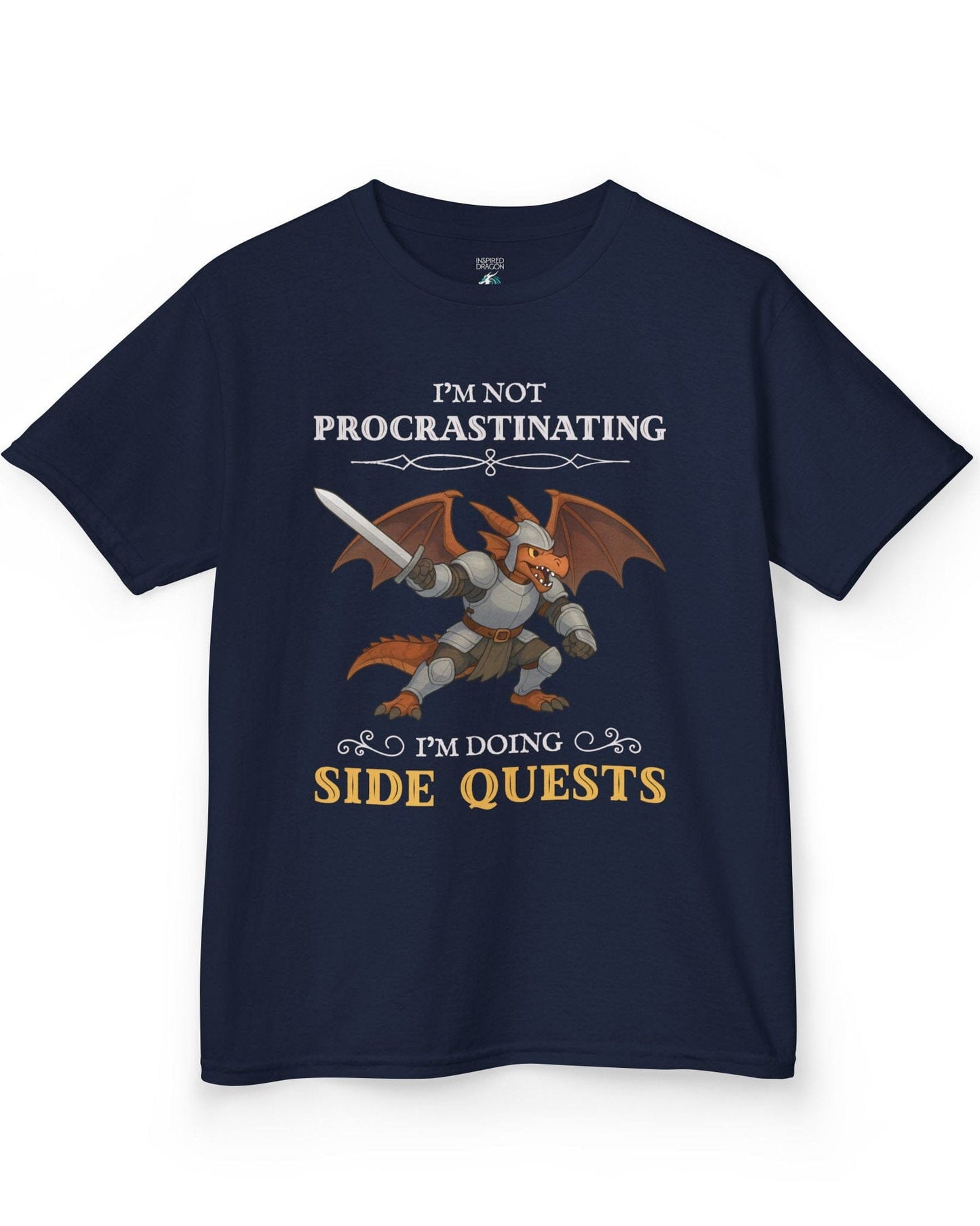 I'm Not Procrastinating, I’m Doing Side Quests shirt in navy featuring an armored dragon wielding a sword.