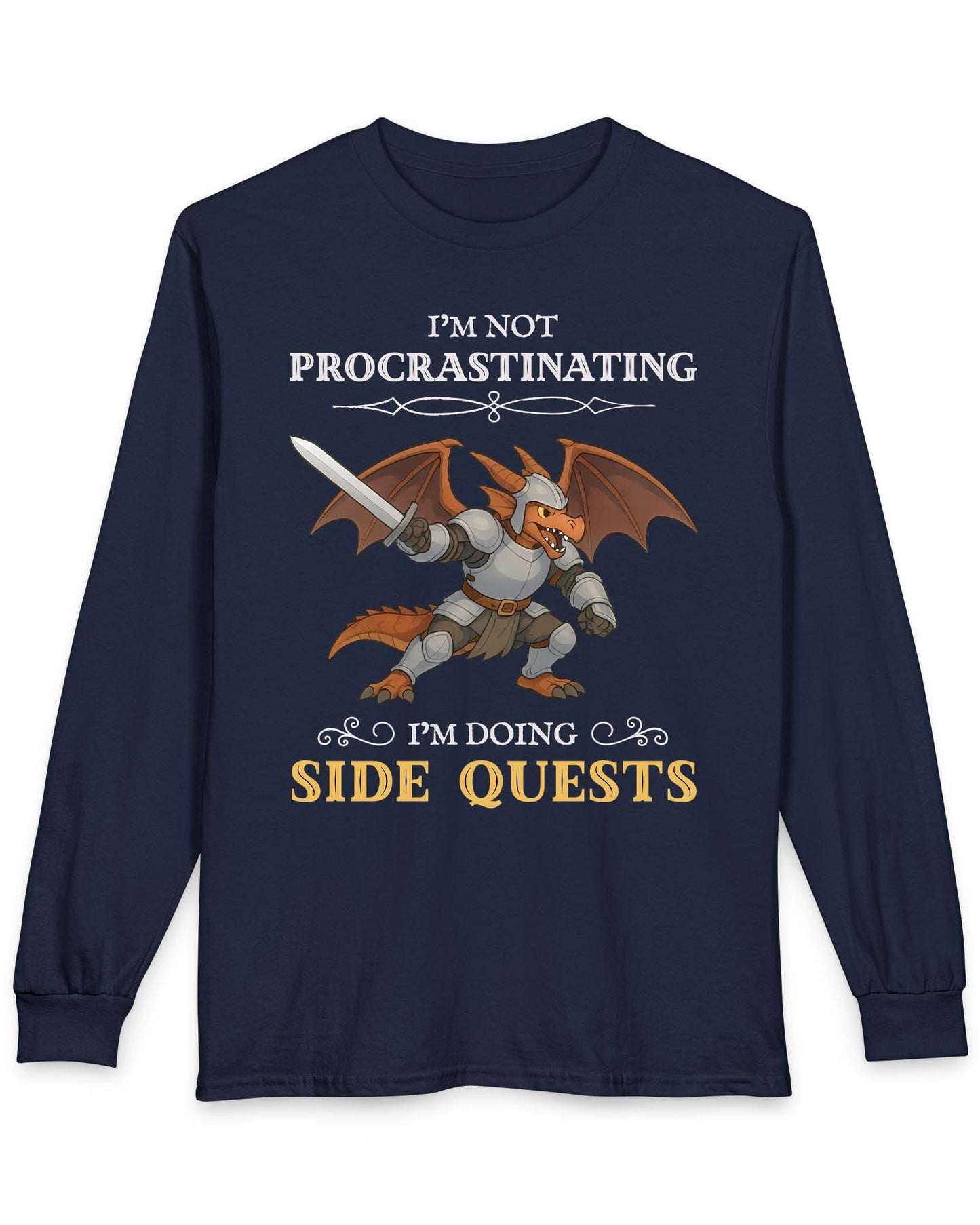 I'm Not Procrastinating, I’m Doing Side Quests shirt in navy featuring an armored dragon wielding a sword.