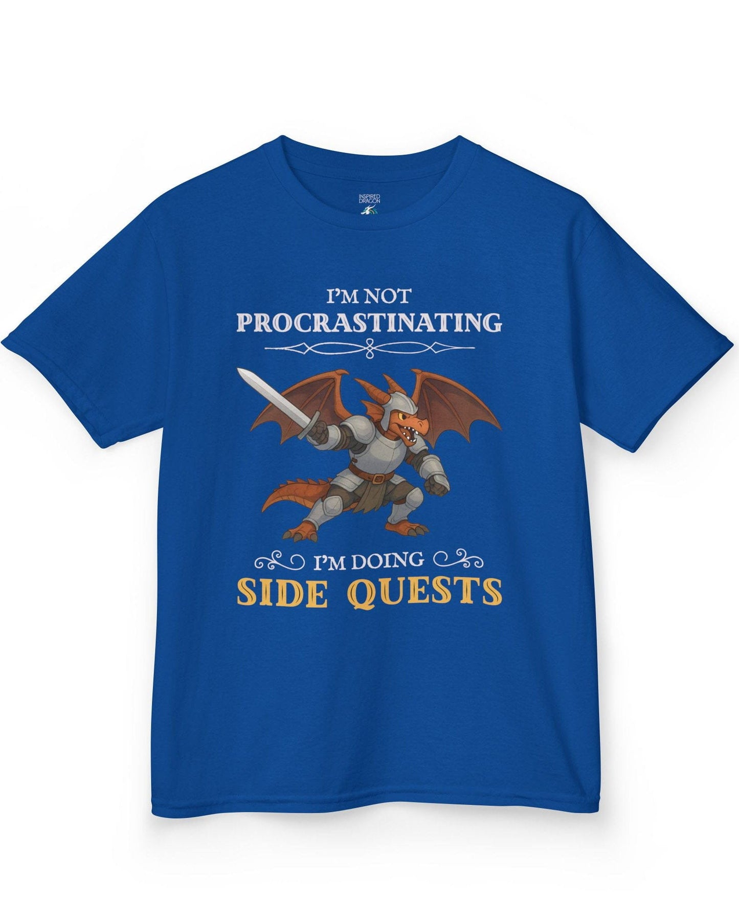 I'm Not Procrastinating, I’m Doing Side Quests shirt in royal blue featuring an armored dragon wielding a sword.