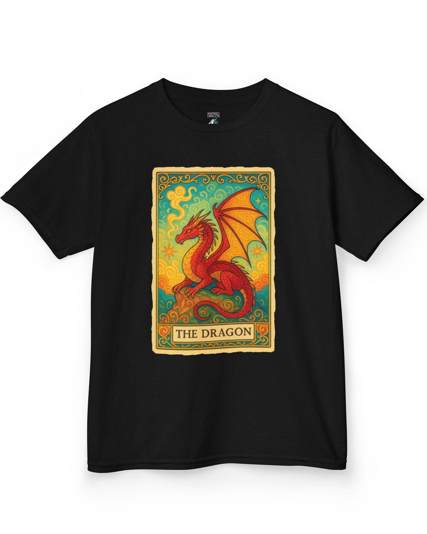 Dragon Tarot Card shirt in black featuring a vibrant red and gold dragon framed in an ornate tarot-style border.