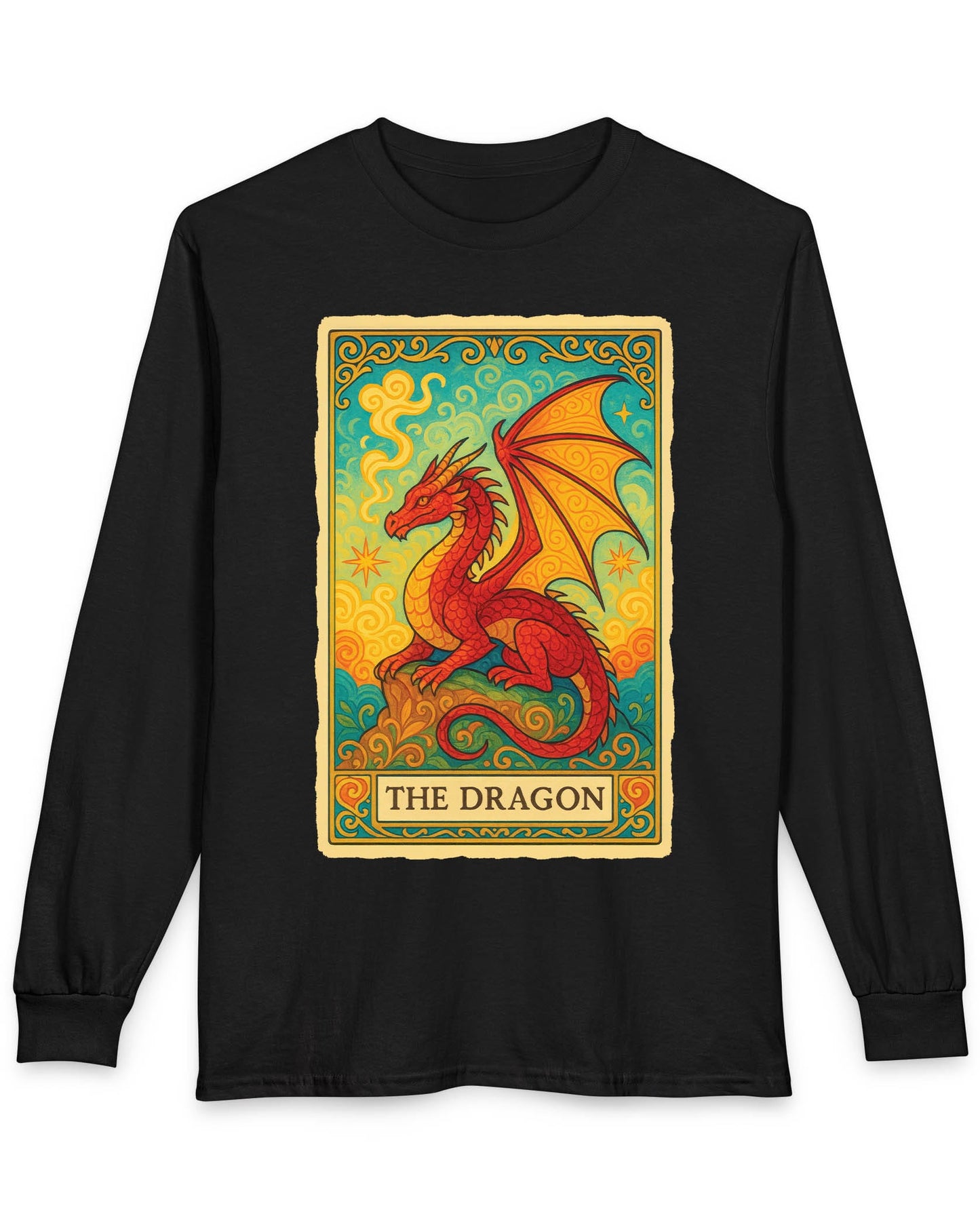 Dragon Tarot Card shirt in black featuring a vibrant red and gold dragon framed in an ornate tarot-style border