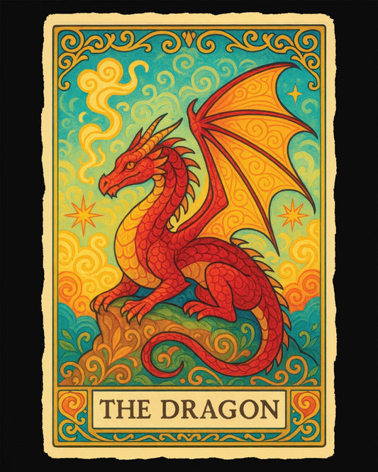 Dragon Tarot Card shirt in black featuring a vibrant red and gold dragon framed in an ornate tarot-style border.