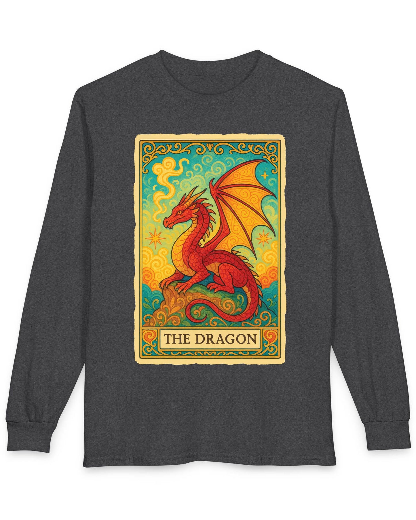 Dragon Tarot Card shirt in dark heather featuring a vibrant red and gold dragon framed in an ornate tarot-style border