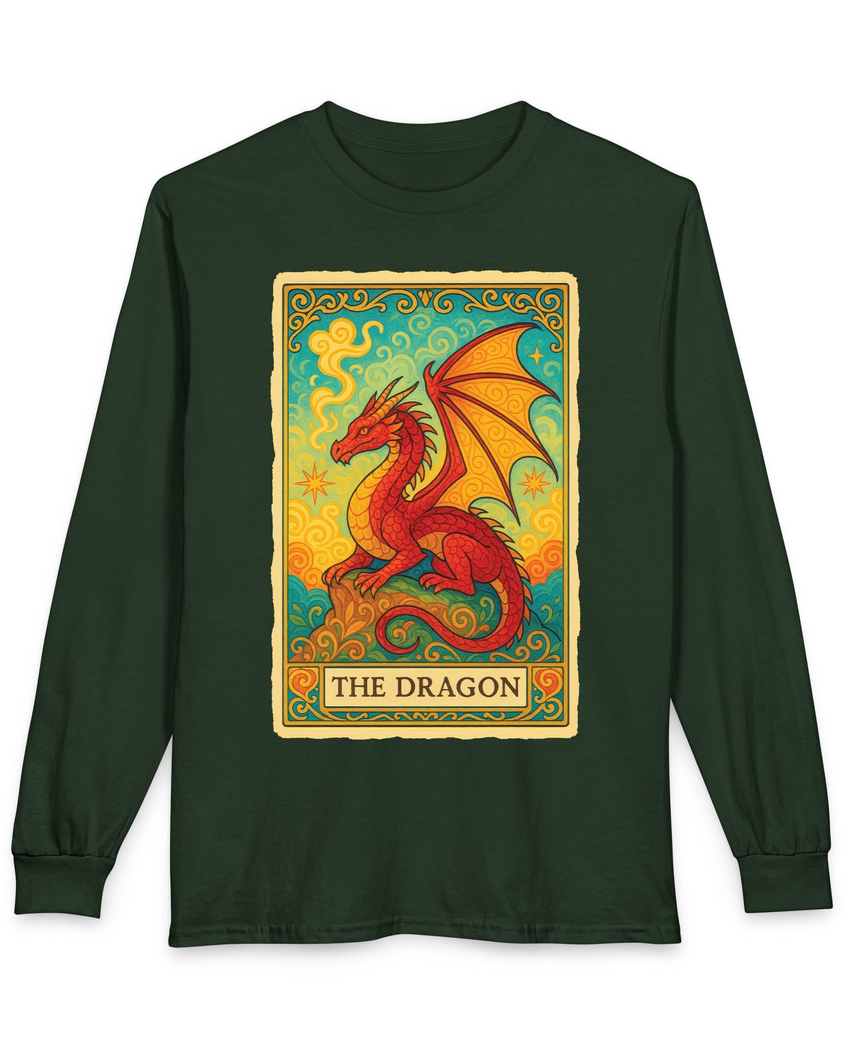 Dragon Tarot Card shirt in forest green featuring a vibrant red and gold dragon framed in an ornate tarot-style border