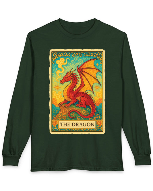 Dragon Tarot Card shirt in forest green featuring a vibrant red and gold dragon framed in an ornate tarot-style border