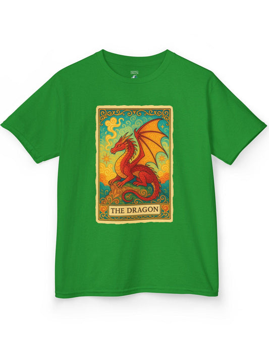 Dragon Tarot Card shirt in Irish green featuring a vibrant red and gold dragon framed in an ornate tarot-style border.