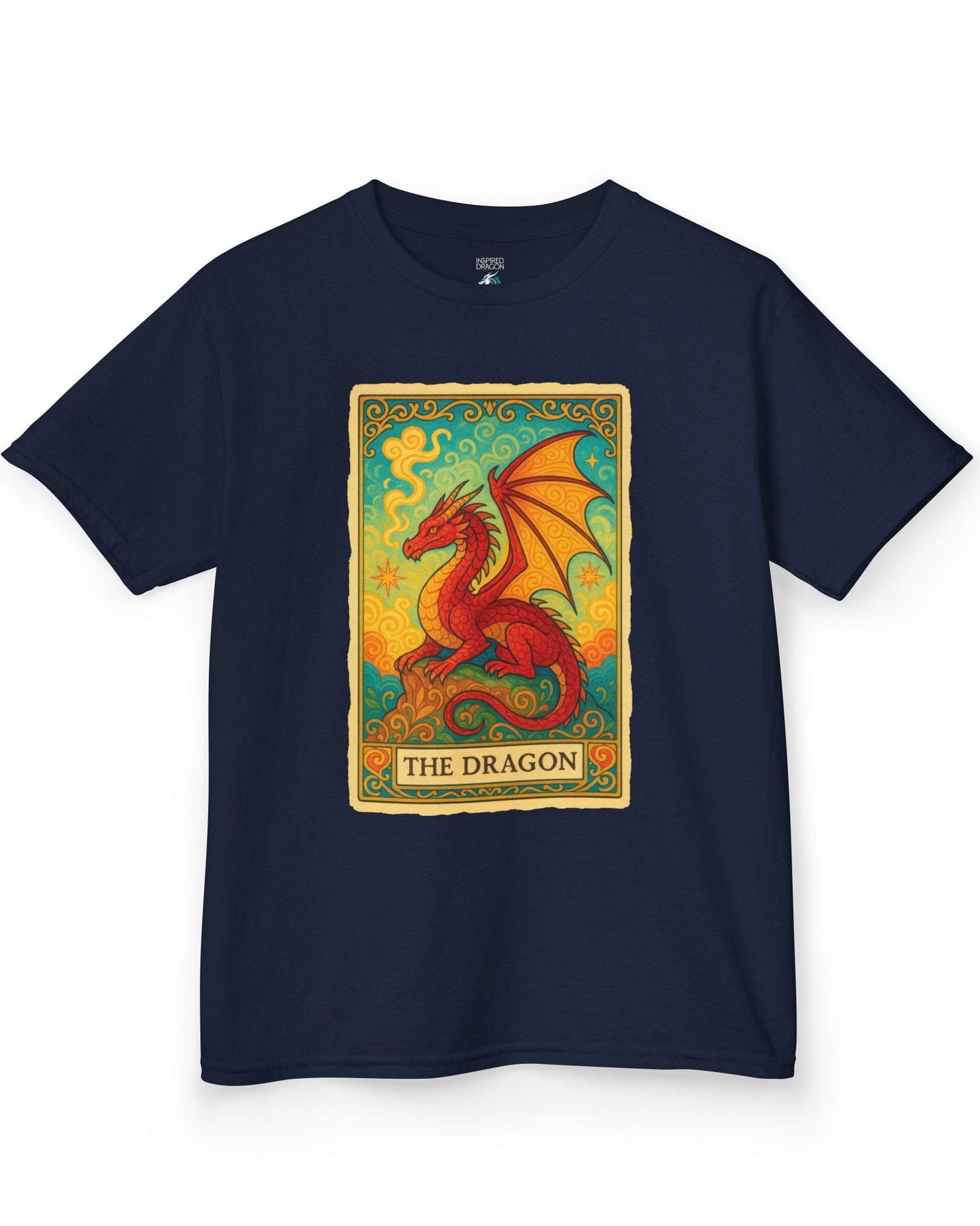 Dragon Tarot Card shirt in navy featuring a vibrant red and gold dragon framed in an ornate tarot-style border.