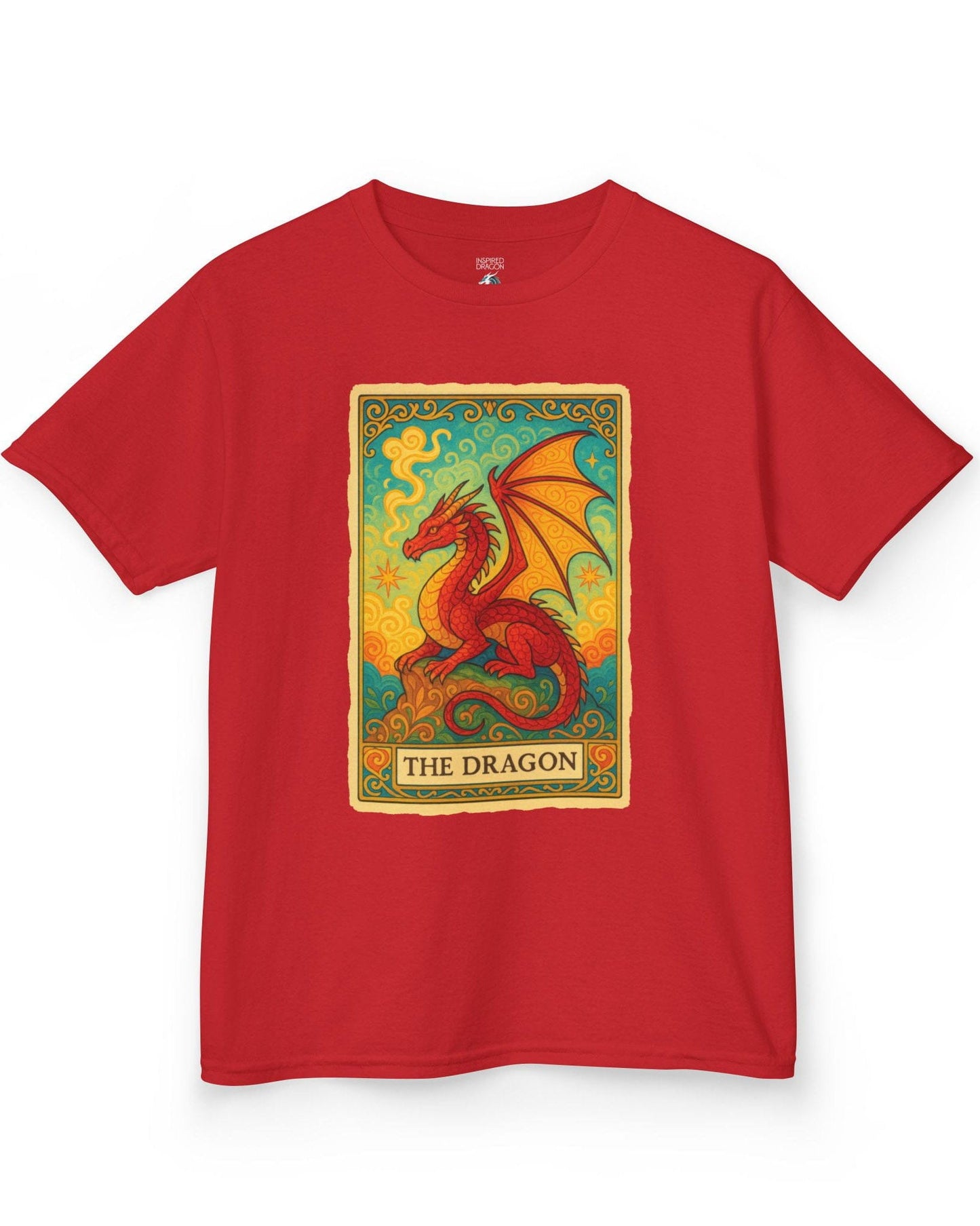 Dragon Tarot Card shirt in red featuring a vibrant red and gold dragon framed in an ornate tarot-style border.