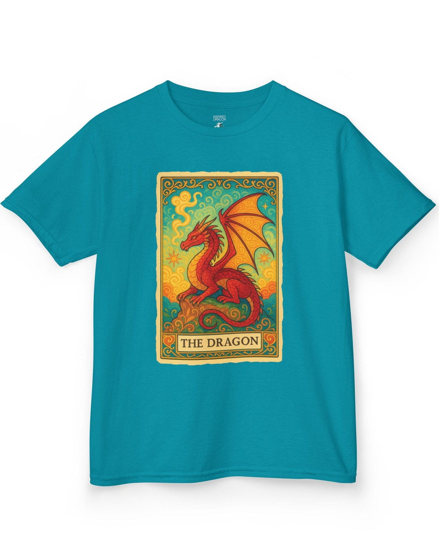 Dragon Tarot Card shirt in tropical blue featuring a vibrant red and gold dragon framed in an ornate tarot-style border.