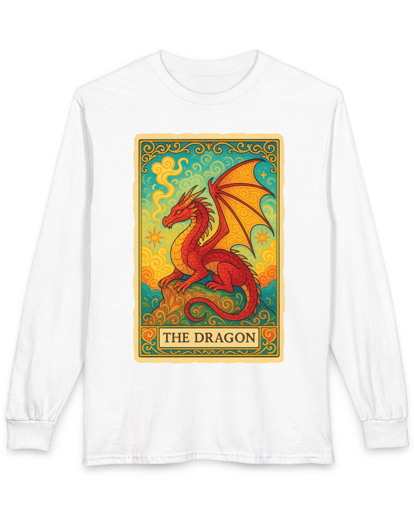 Dragon Tarot Card shirt in white featuring a vibrant red and gold dragon framed in an ornate tarot-style border