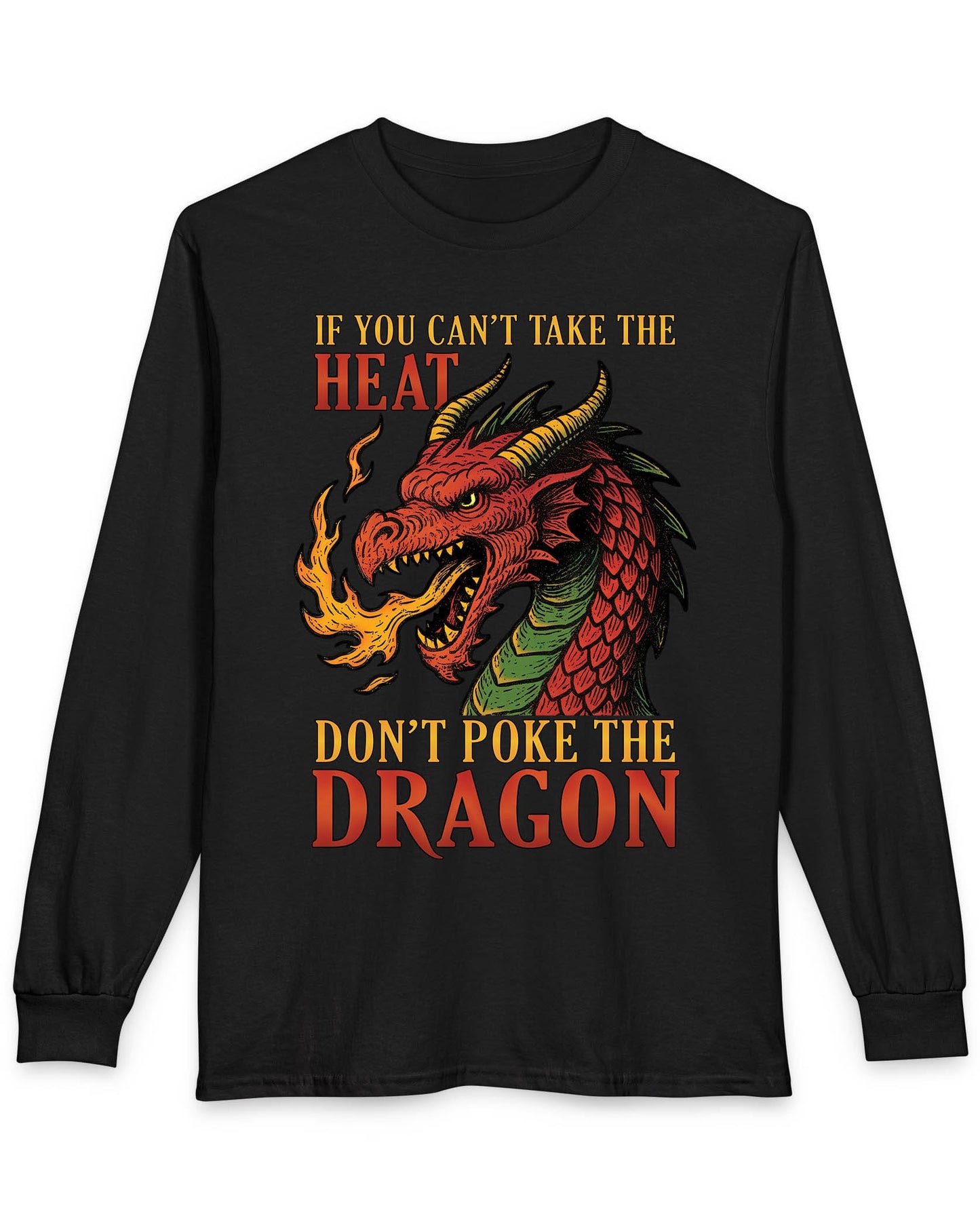 If You Can’t Take the Heat shirt in black featuring a fiery red dragon breathing flames with bold vintage lettering