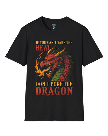Don't Poke the Dragon shirt in black featuring a fiery red dragon breathing flames with bold vintage lettering.
