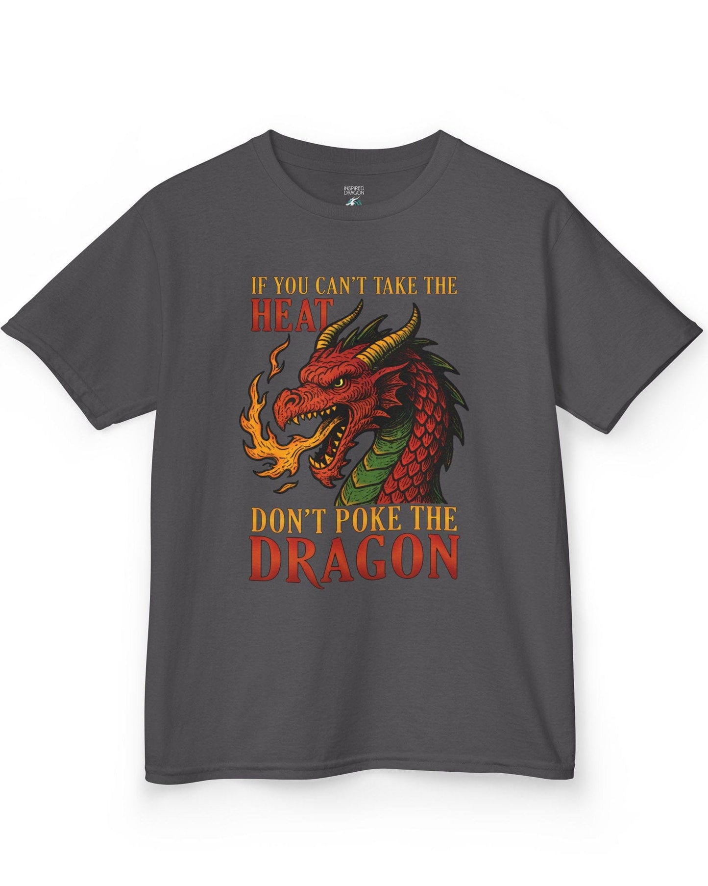 If You Can’t Take the Heat shirt in charcoal featuring a fiery red dragon breathing flames with bold vintage lettering.