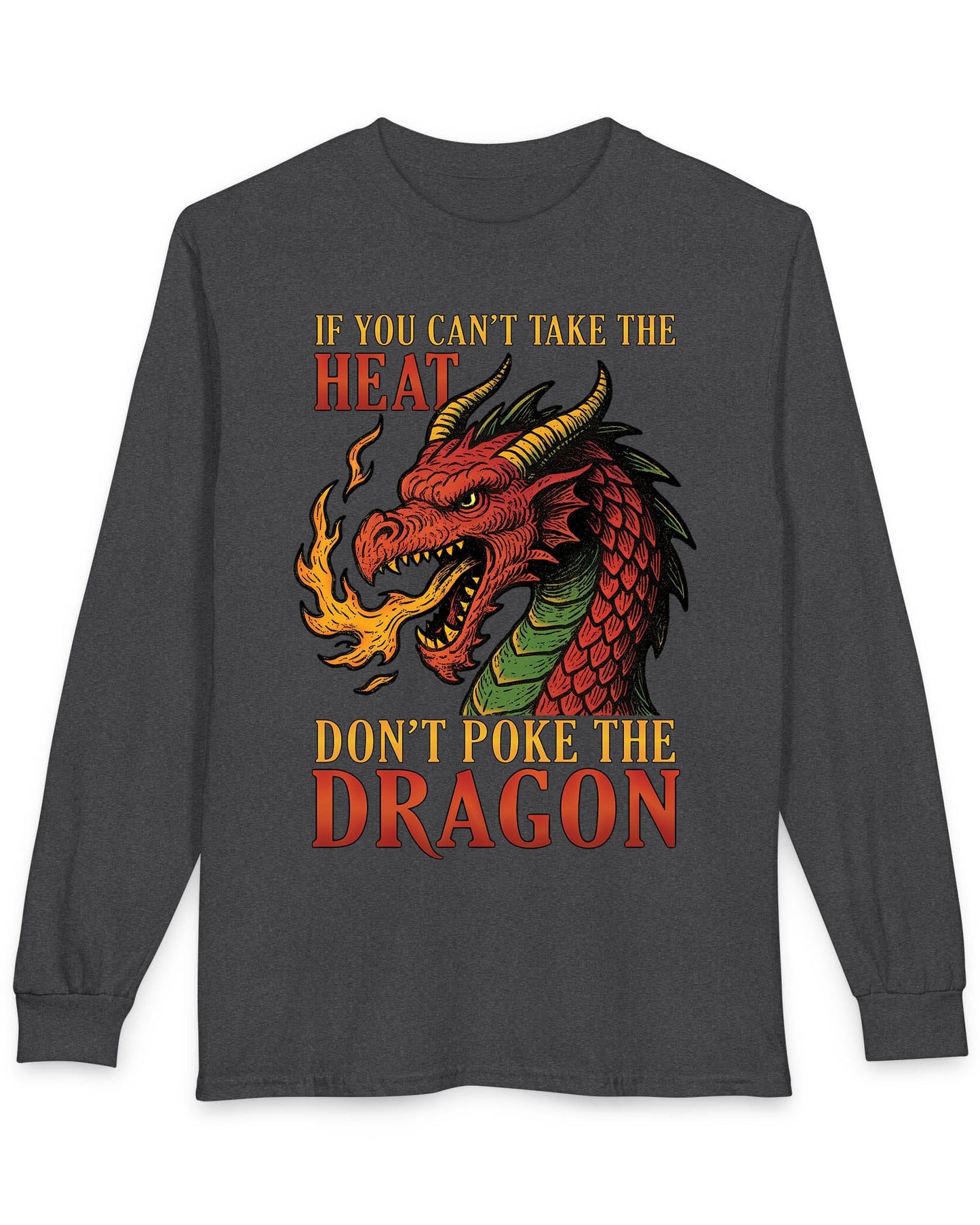 If You Can’t Take the Heat shirt in dark heather featuring a fiery red dragon breathing flames with bold vintage lettering