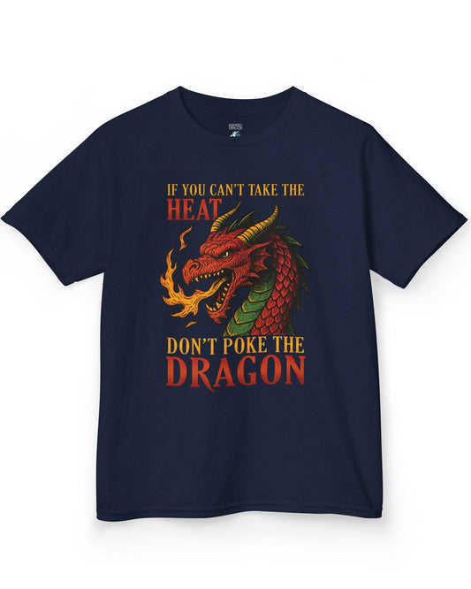 If You Can’t Take the Heat shirt in navy featuring a fiery red dragon breathing flames with bold vintage lettering.