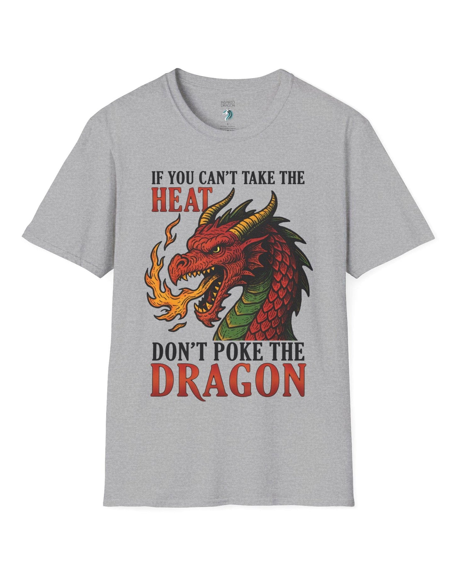 Don't Poke the Dragon shirt in sport grey featuring a fiery red dragon breathing flames with bold vintage lettering.
