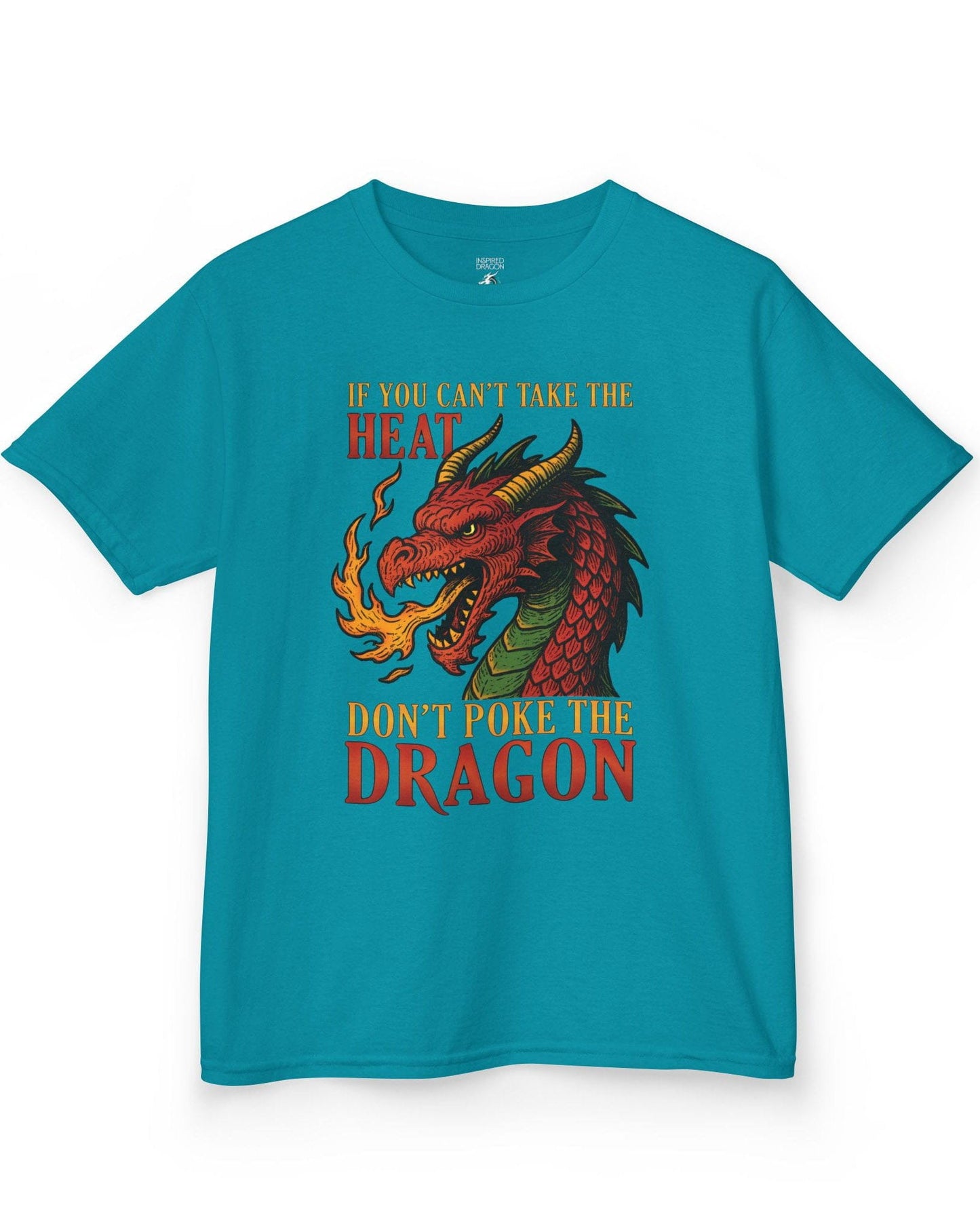 If You Can’t Take the Heat shirt in tropical blue featuring a fiery red dragon breathing flames with bold vintage lettering.