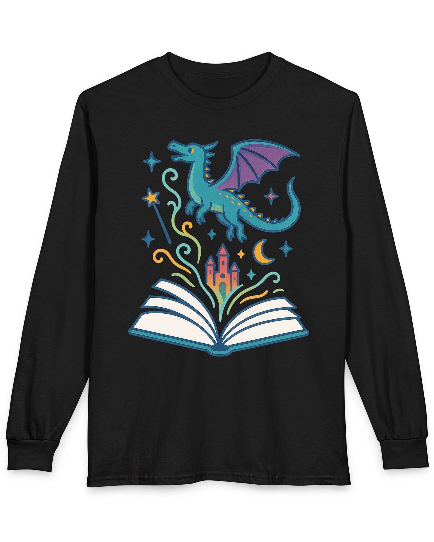 The Story Takes Flight shirt in black featuring a blue dragon flying from an open book with magic and a castle