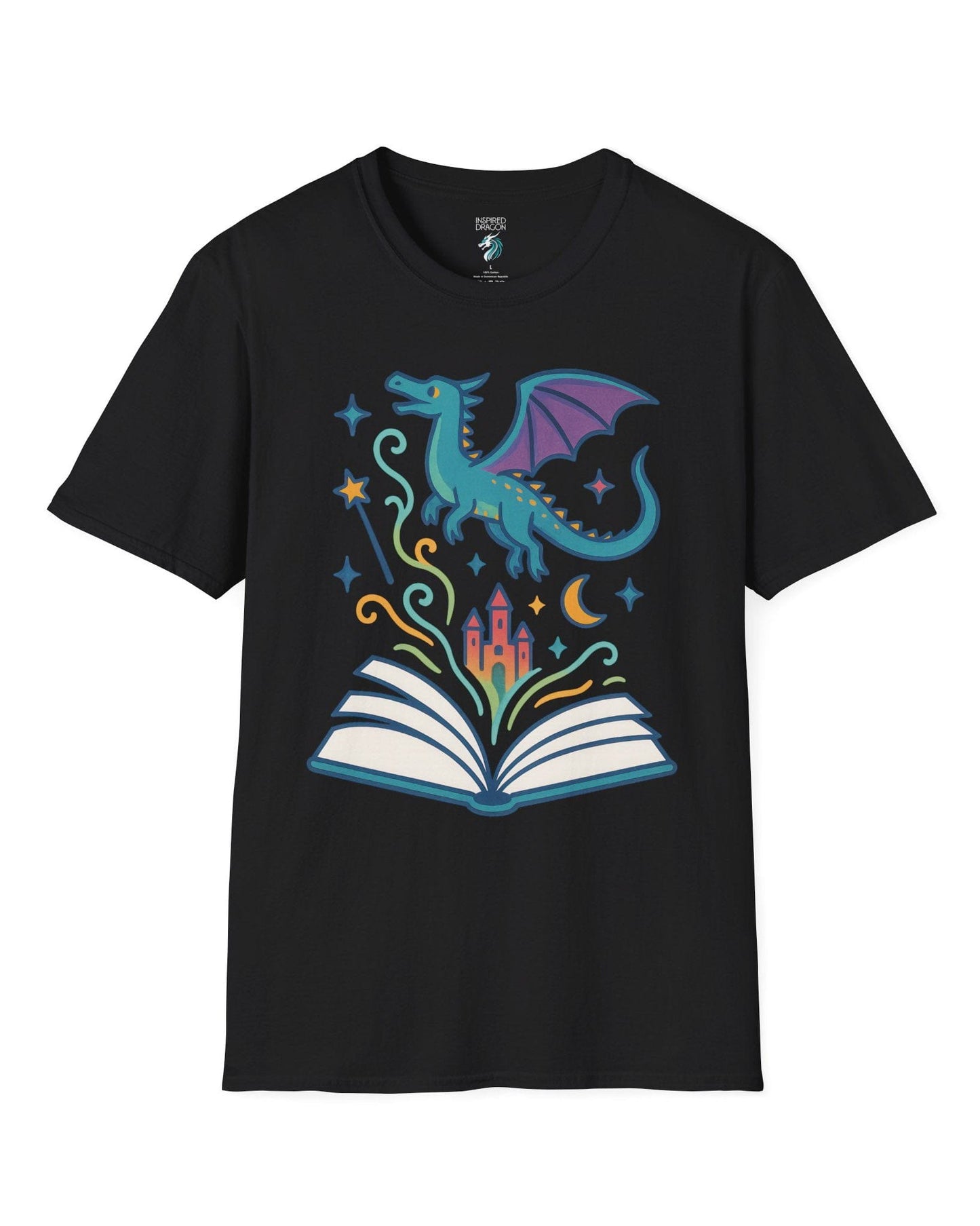 The Story Takes Flight shirt in black featuring a blue dragon flying from an open book with magic and a castle.
