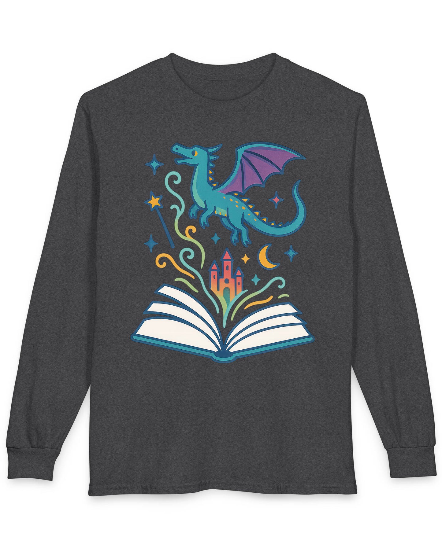 The Story Takes Flight shirt in dark heather featuring a blue dragon flying from an open book with magic and a castle